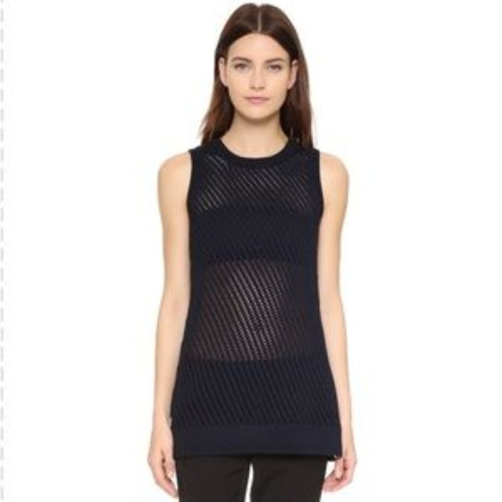 Vince Navy Blue Diagonal Mesh Knit Cotton Tunic Tank Sleeveless Sweater